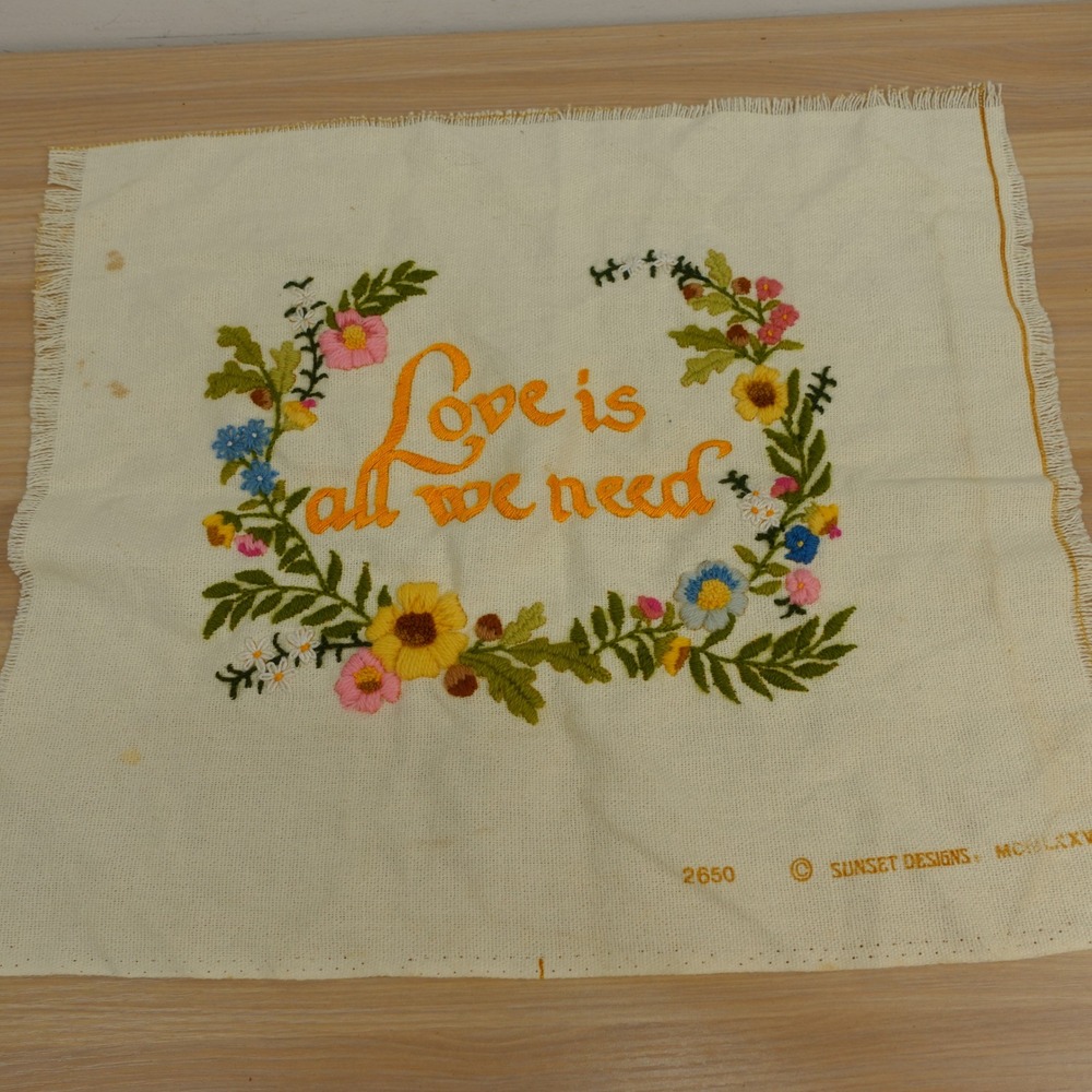 Vintage 1978 Sunset Designs Crewel Embroidery Love Is All We Need Floral 14x16